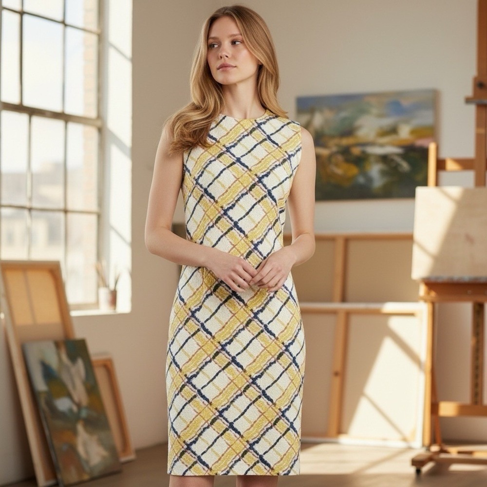 J. McLaughlin Devon Catalina Cloth Sleeveless‎ Shift Dress Chalk Plaid Small